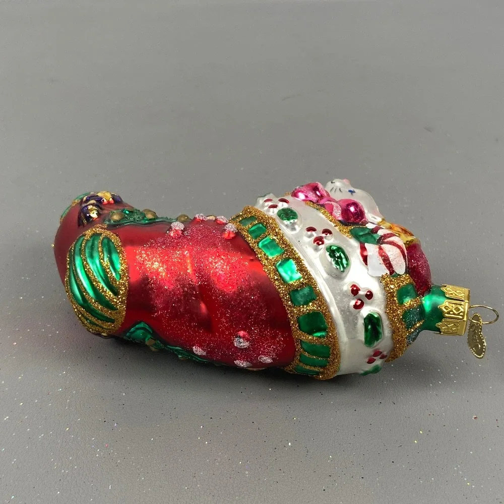 Old World Christmas Glass Holiday Ornaments Chocolate Cake & Cat In Stocking Set